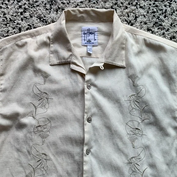 AFTCO Bluewater x Guy Harvey Marlin Embroidered Button Down Shirt Cream Size XL - Picture 10 of 13